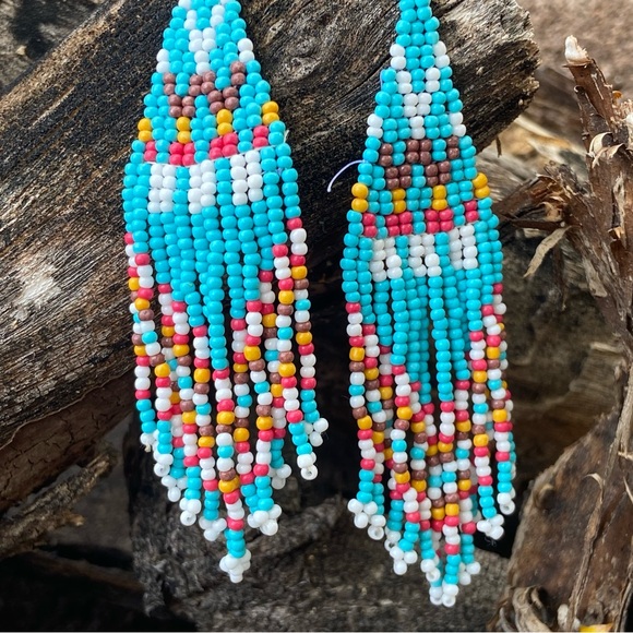 Saratoga Native American Inspired Beaded Fringe Earrings Turquoise Multicolor - Picture 5 of 8